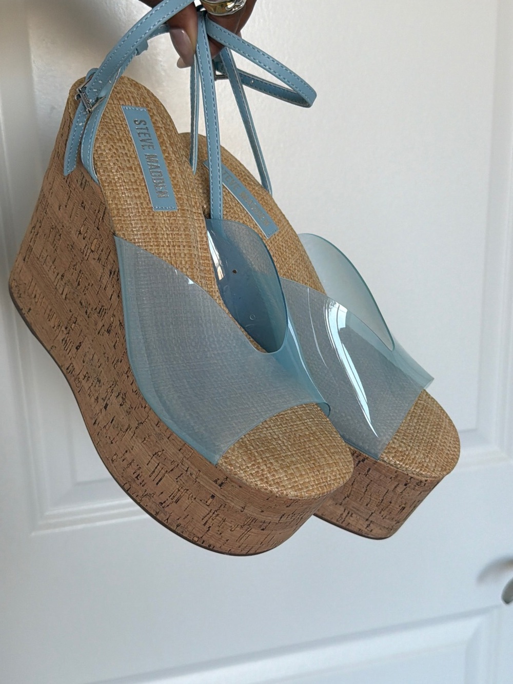 Steve Madden Light Blue Clear Band Cork Wedge Sandals